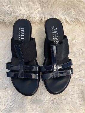 Italian Shoemakers Navy Patent Slide Mules with Elastic Instep